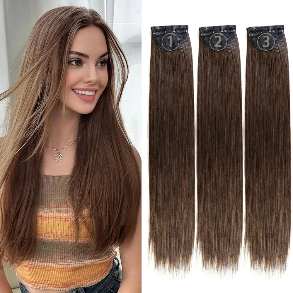 3PCS Thick Light brown Long Straight Set 24inch Synthetic Clip in Hair Extensions for Women — image 2