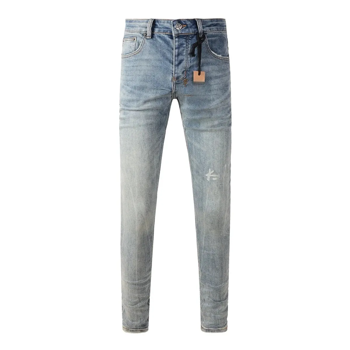 Men's High Street Light Blue Washed Distressed Denim Jeans With Embroidered Letter Motif Button Fly Suitable For All‑Season Wear — image 1