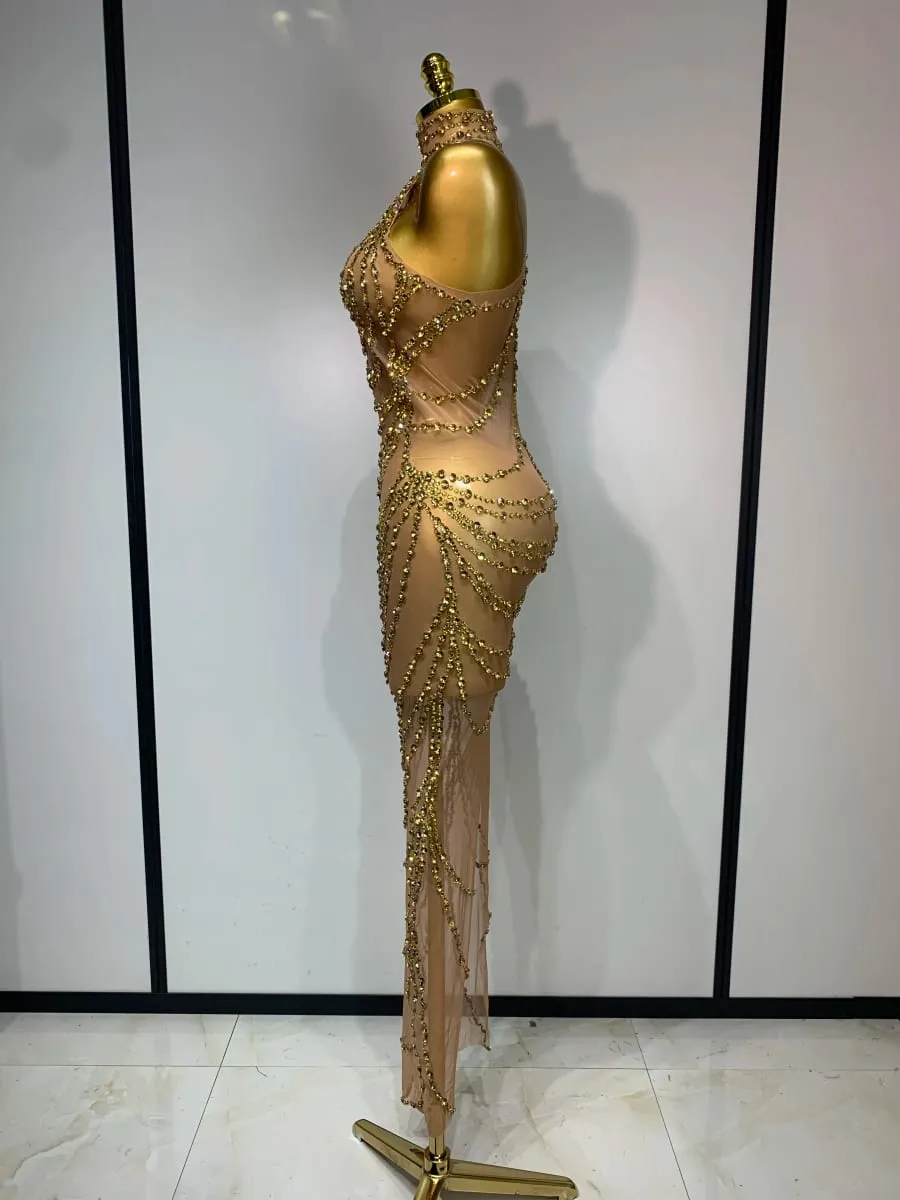Sparkly strass sexy transparente malha vestido longo 2025 feminino luxo aniversário clube festa vestido de palco cantor desempenho traje — image 3