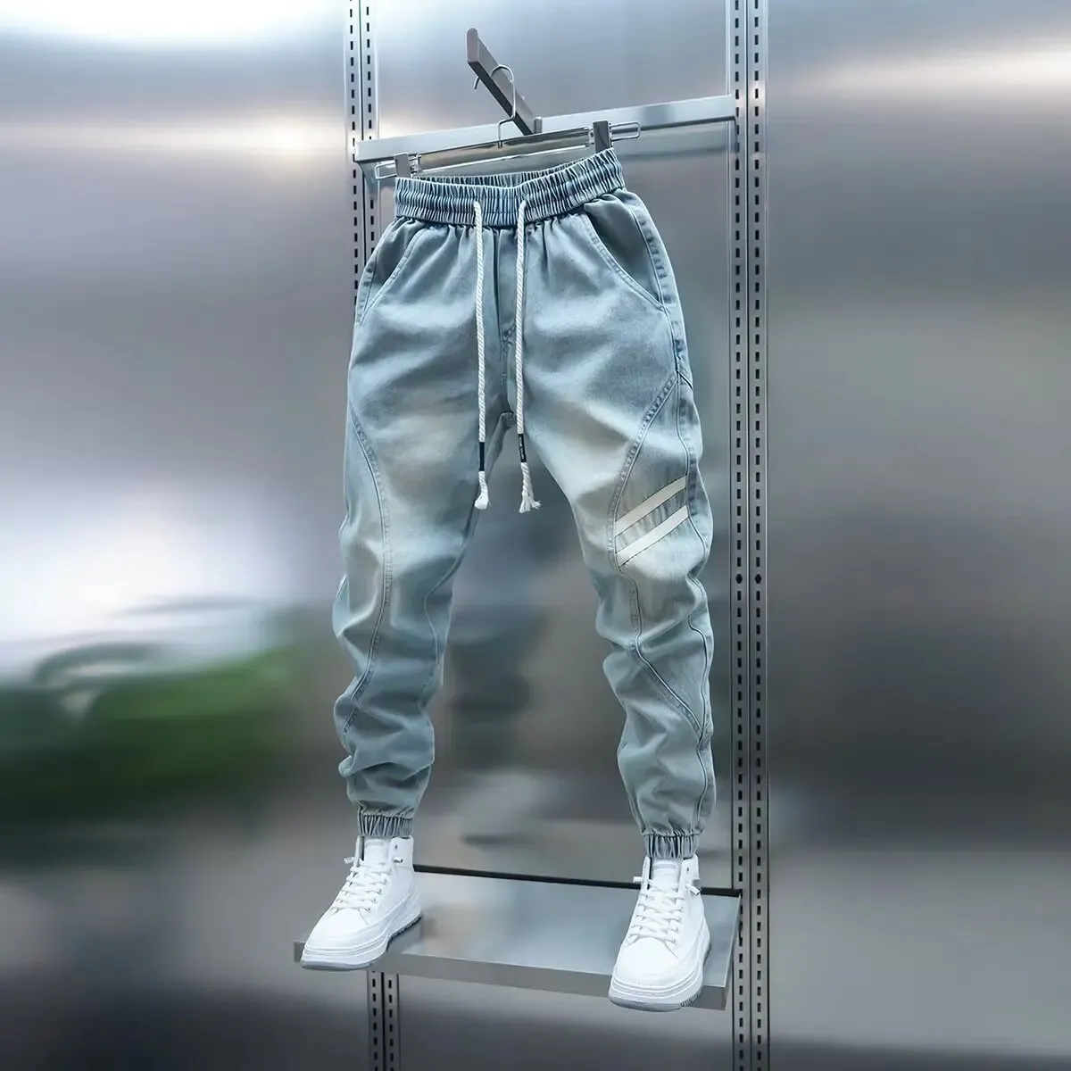 Street Elastic Jeans Men Denim Cargo Pants Wash Solid Color Multi Pockets Casual Mid Waist Trousers Daily Wear Joggers — image 6
