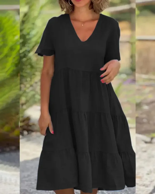 Vestidos femininos casuais de linho de algodão 2025 primavera/verão doce manga curta sólida decote em v grande balanço vestido solto S-5XL — image 3