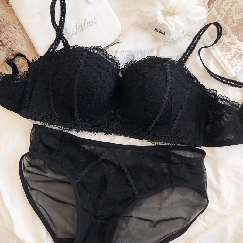 Women Seamless Underwear Set Sexy Lace Flowers Embroidery Bra Palapot 1/2 Cup Push Up Bras Detachable Strap Lingerie Panties Set — image 7