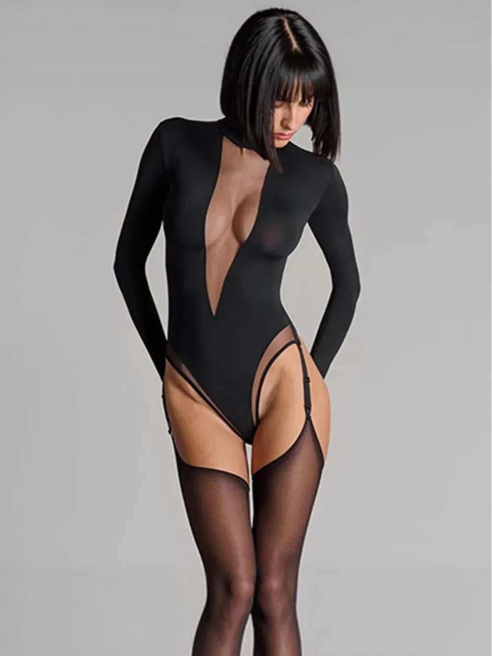 2026 new deep V perspective mesh splicing long sleeved black jumpsuit sexy spicy girl outfit party date niche trend fashion ins — image 2