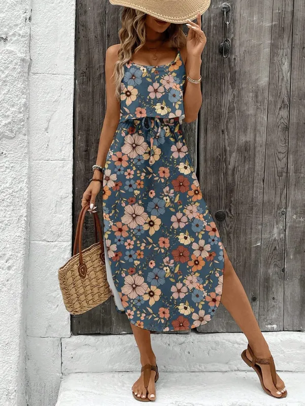 Pambabaeng Summer Spaghetti Strap Dress na may Belt at Side Slit - Casual Sleeveless Flowy Dress — image 9