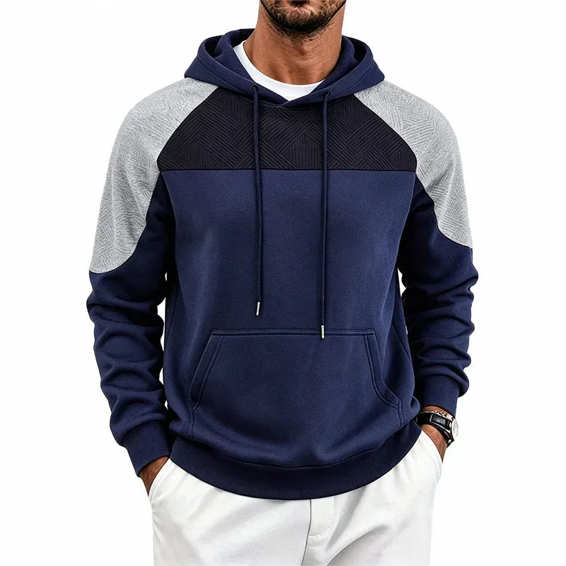 Men Patchwork Color Block Pullover Hoodie Drawstring Kangaroo Pocket Long Sleeve Loose Sweatshirt Autumn Winter Streetwear Tops — image 6