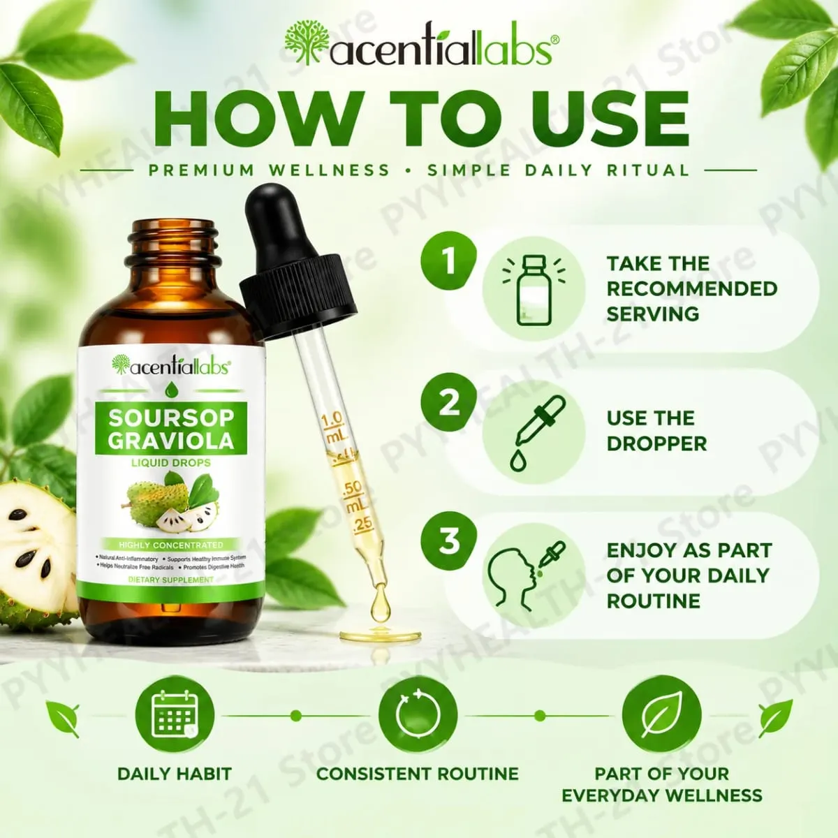 AcentiLabs Soursop Graviola Liquid Drops C-vitamin támogatja az emésztést, az immunrendszert, szabadgyökök elleni védelem 60 ml felnőtteknek — image 6