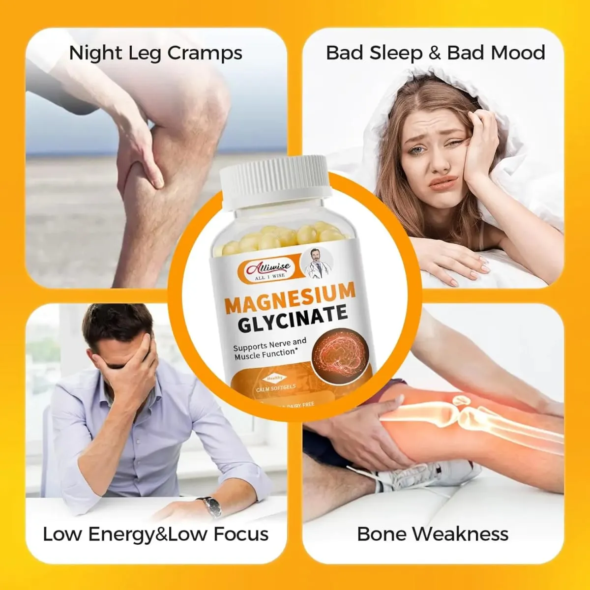 Alliwise Magnesium Glycinate 400mg Mineral Supplement for Women and Mens Natural Sleep Support Bone Health Immunity Mood Support