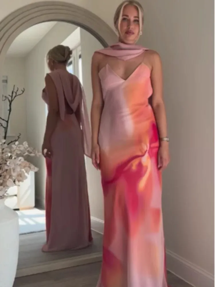 Elegante tie-dye gradiente impressão sling vestido longo com cachecol feminino férias sem mangas sem costas vestido de noite verão férias roupões — image 2