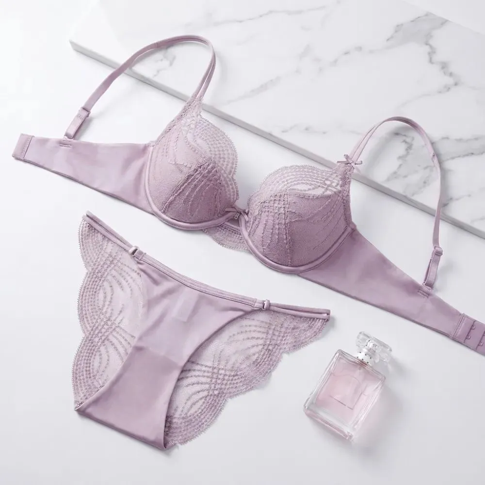 Comfortable Hollow Thin Cup Women Lingerie Set Silk Satin Seamless Push Up Bra Set French Style Sexy Underwear Women Intimates — image 3