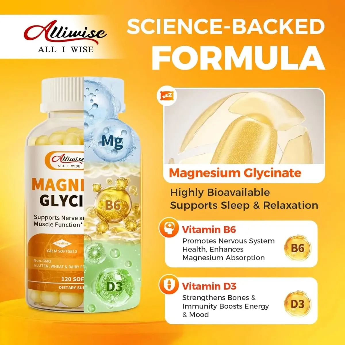 Alliwise Magnesium Glycinate 400mg Mineral Supplement for Women and Mens Natural Sleep Support Bone Health Immunity Mood Support