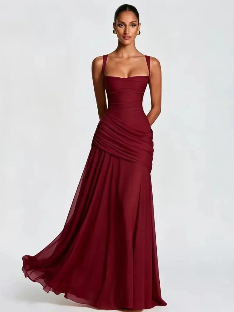 Sexy Solid Pleated Sling Dress Women Elegant Square Neck Sleeveless Waist-cinching Maxi Dresses 2026 New Summer Lady Party Robe — image 1