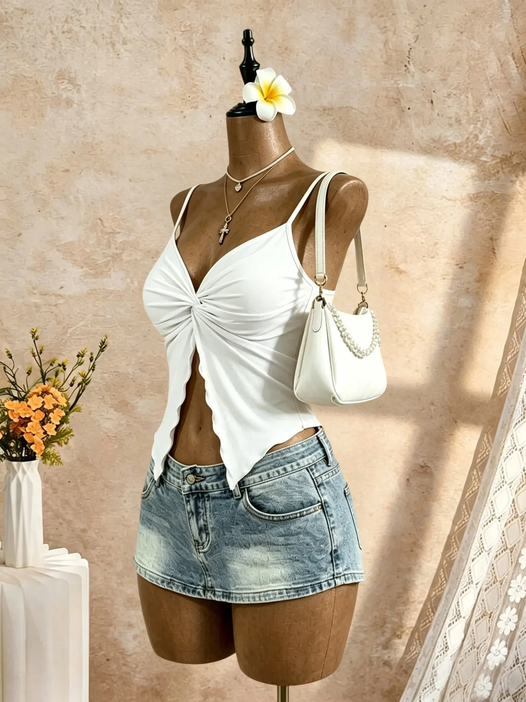 Women Spaghetti Strap V Neck Twist Front Cut Out Ruffle Irregular Hem Slim Fit Crop Cami Top 2026 Summer Y2K Solid White Sleevel — image 5