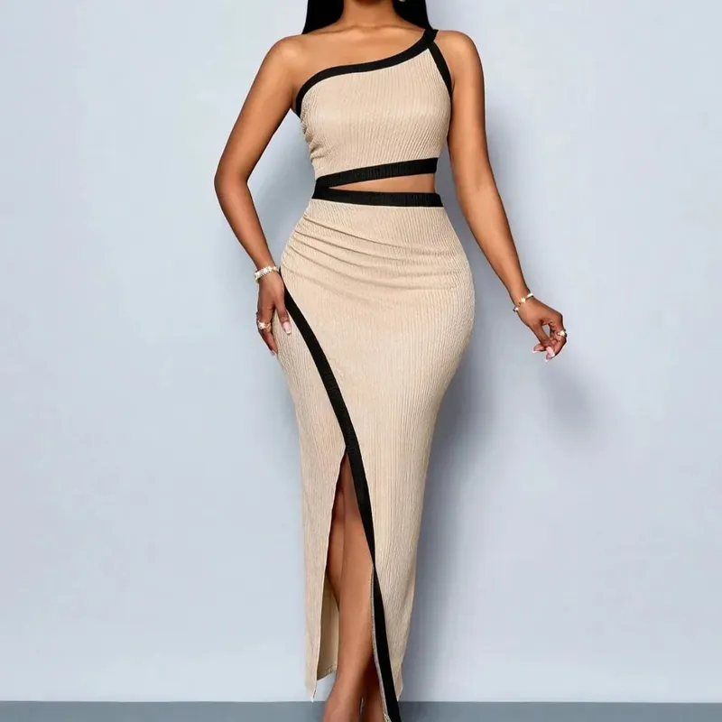 Women's Summer Vacation Sexy One-Shoulder Waist-Cutout High Slit Dress with Color-Contrast Patchwork Details and Casual Vacation