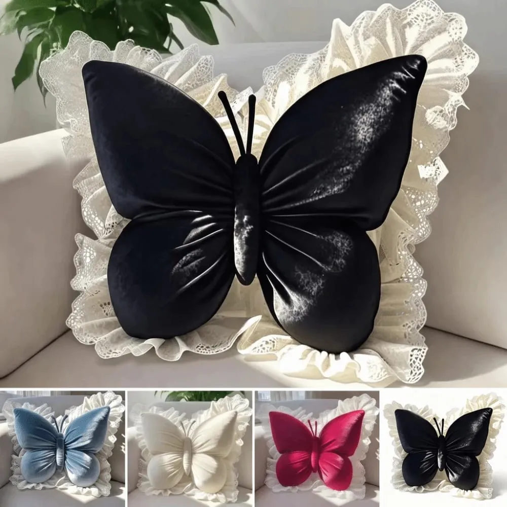 Decorative Cushion Velvet Butterfly Plush Pillow Lace Trim Plush Bow Plush Cushion Soft Cute Bow Throw Pillow Sofa