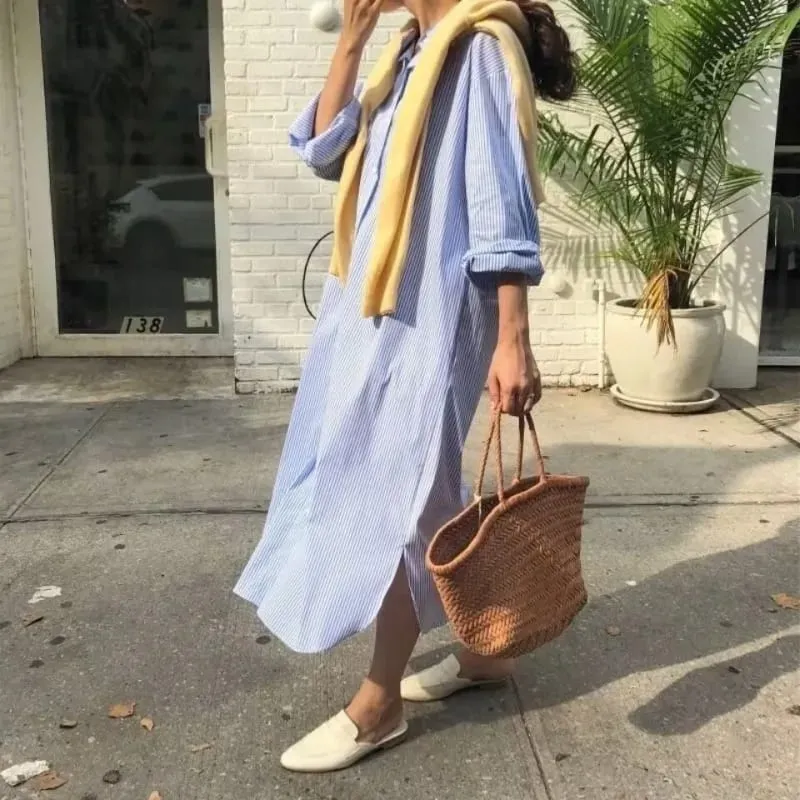 Spring Summer Full Sleeve Casual Long Shirt Women Shirt Dresses Fashion Female Vintage Striped Shirts Loose Dresses