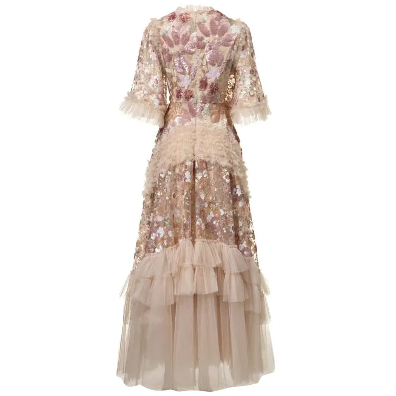 Moda rosa bordado lantejoulas vestido feminino em torno do pescoço babados meia mangas vestidos de comprimento no tornozelo novo 3a132 — image 3