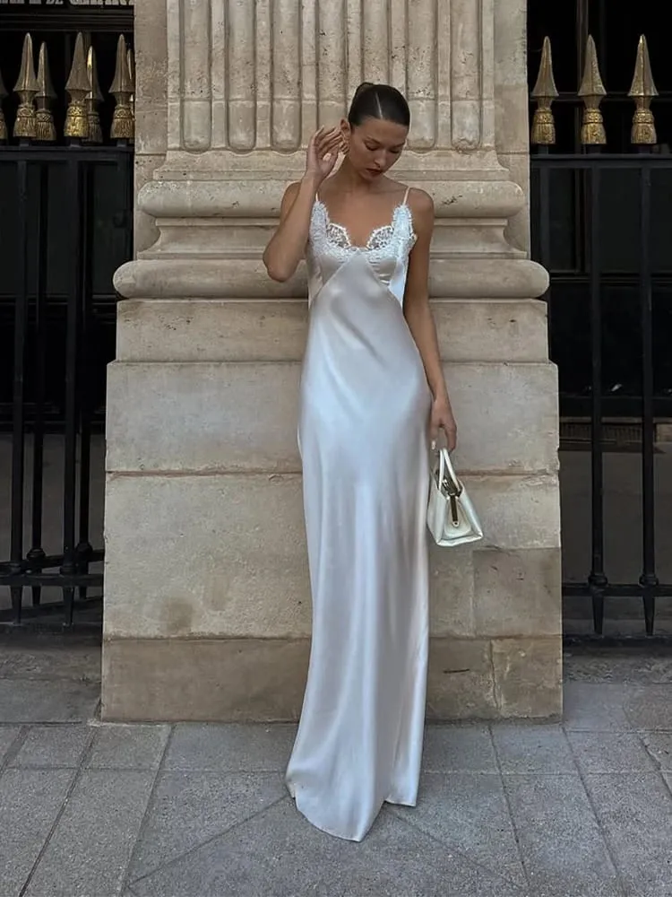 Sexy Women V-neck Satin Sling Maxi Dress Chic White Lace Patchwork Sleeveless Backless Slim Gowns Summer Evening Party Dresses