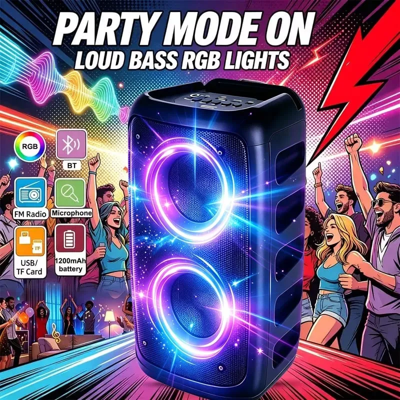 Alto-falante Bluetooth profissional grande de 9900 Hz com microfone Design portátil com subwoofer Party Box Luzes LED Compatível com BT / USB / TF / AUX / FM / TWS / MIC / EQ Funções Karaokê profissional. Presente ideal para aniversários, Natal e Ano Novo — image 5