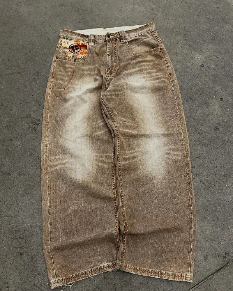 Y2K American Fashion New Oversize Letter Embroidered Yellow Washed Baggy Jeans Men Vintage Gothic Popular Casual Wide-leg Pants