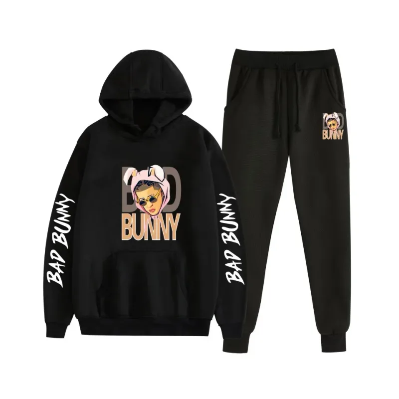 Harajuku Bekväm bad bunny Tryck Sweatshirt Träningsbyxor Kostym Dam Luvtröjor+ Byxor Kostym Pojkar/Flickor 2-delat set Kläder — image 26