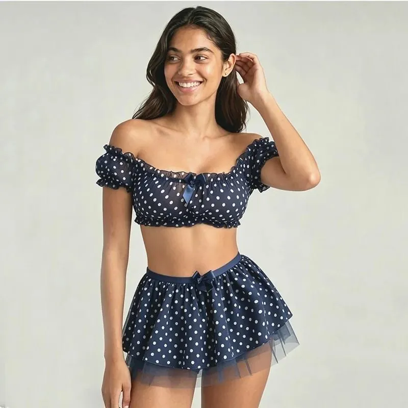 Women's Sexy Short Skirt with Garter Straps Sexy Lingerie Women Sexy Polka Dot Off Shoulder Puffy Skirt Polka Exotic Set — image 1