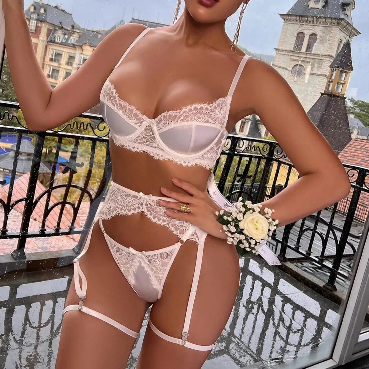 4pc Womens Lingerie Lace Eyelash Satin Bow Garter Belt 여자속옷 판타지 세트 LenceríA Atrevida De Mujer нижнее белье женское Сексуальные — image 4
