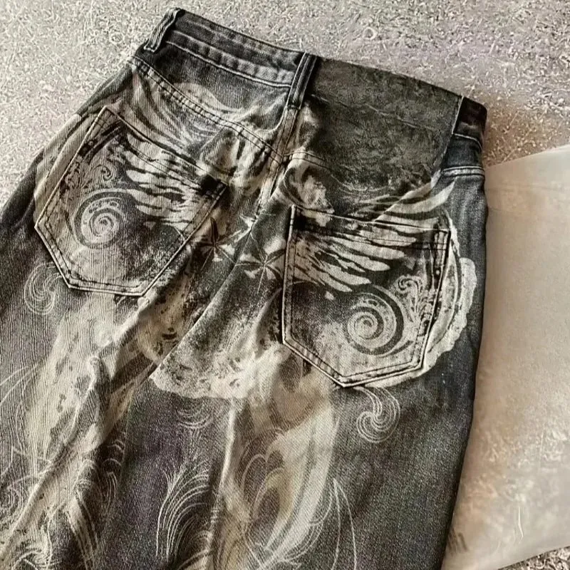 Mens Jeans Harajuku Streetwear Oversized Print Baggy Y2K Gothic Hip Hop Vintage High Waist Wide Leg Denim Pants Casual Fashion — image 3