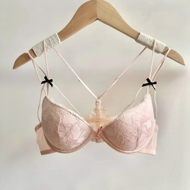 Fashion Elegant Floral Lace Front Snap Matching Lingerie Set Wireless Slim Shoulder Straps Cutout Beauty Back Small Bust MOYISU
