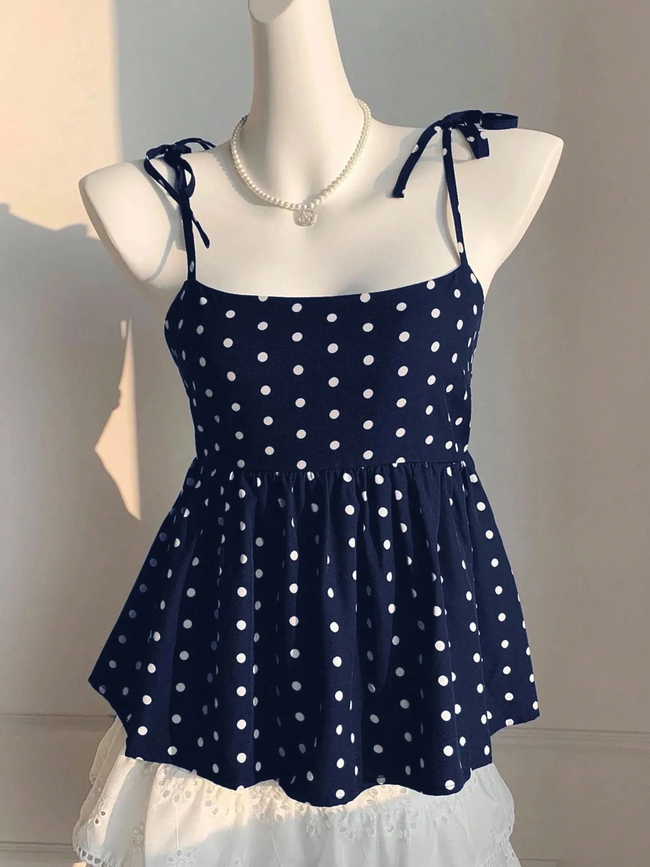 Women's Polka Dot Crop Cami With Spaghetti Straps And Flared Hem Polka Dot Camisole Babydoll Top Babydoll Tops Polkadot Top Cute