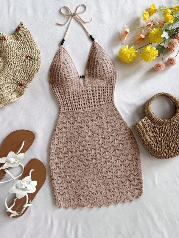 Vestido feminino branco de crochê frente única sem mangas — image 6