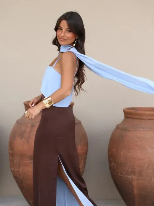 Color Blocking Scarf Collar Suspender Women Maxi Dress Spaghetti Strap High Split Floor Length Evening Dresses Lady Party Robes — image 5