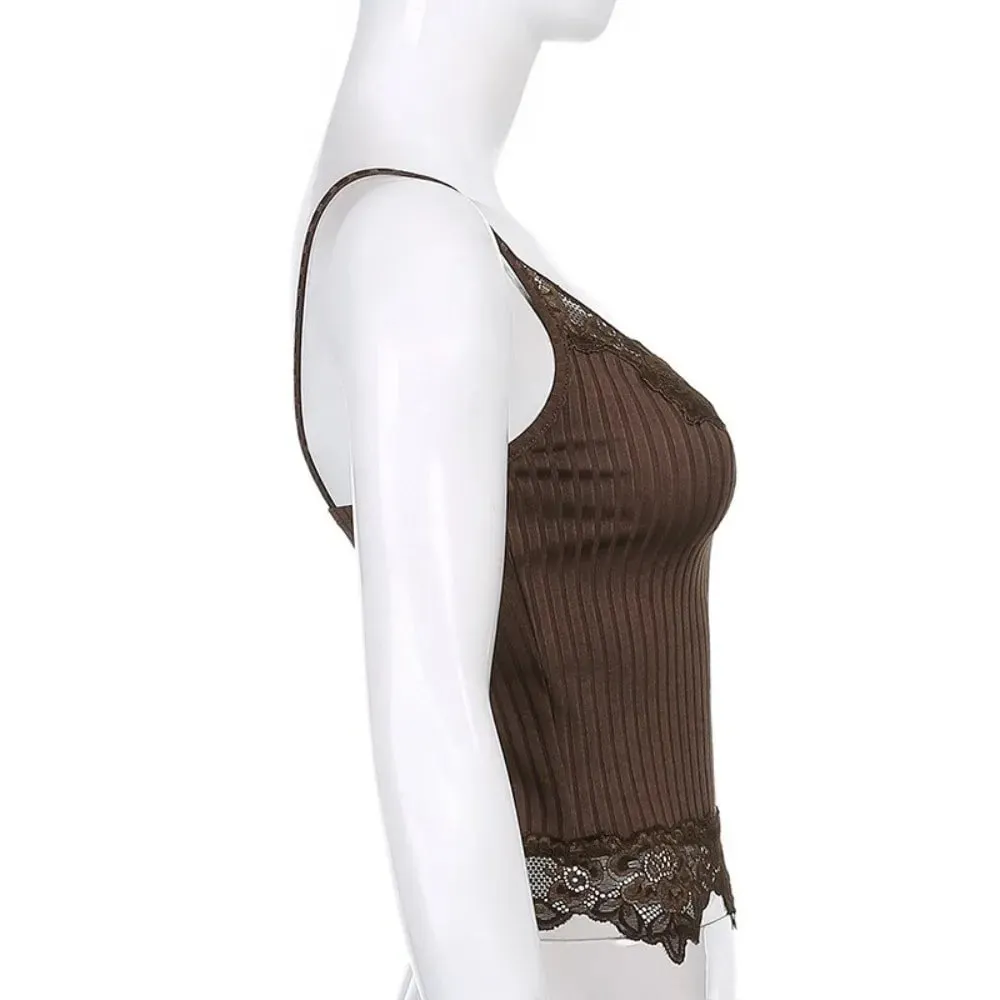 Y2K Sleeveless Lace Tank Top for Women Sexy Lace Trim Crop Tops Slim Fit V-Neck Basic Camisole Summer — image 6