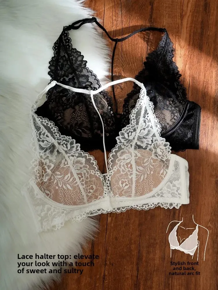 French Vintage Lace Halter Bra Set Wireless Thin Cup Small Breast Push Up Anti Sag Lifting Soft Pure Desire Ladies Intimate Bras
