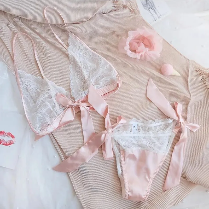 Lingerie sexy francesa renda babados sem fio sutiã e calcinha com liga conjunto de roupa íntima tentação transparente conjunto de sutiã ultrafino — image 2