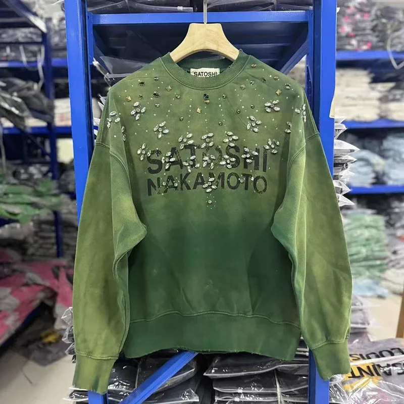 Letters Logo Rhinestone Rivet Satoshi Nakamoto Sweatshirts Men Women Streetwear Vintage Washed Charcoal Gray Green Pullovers Tag — image 24