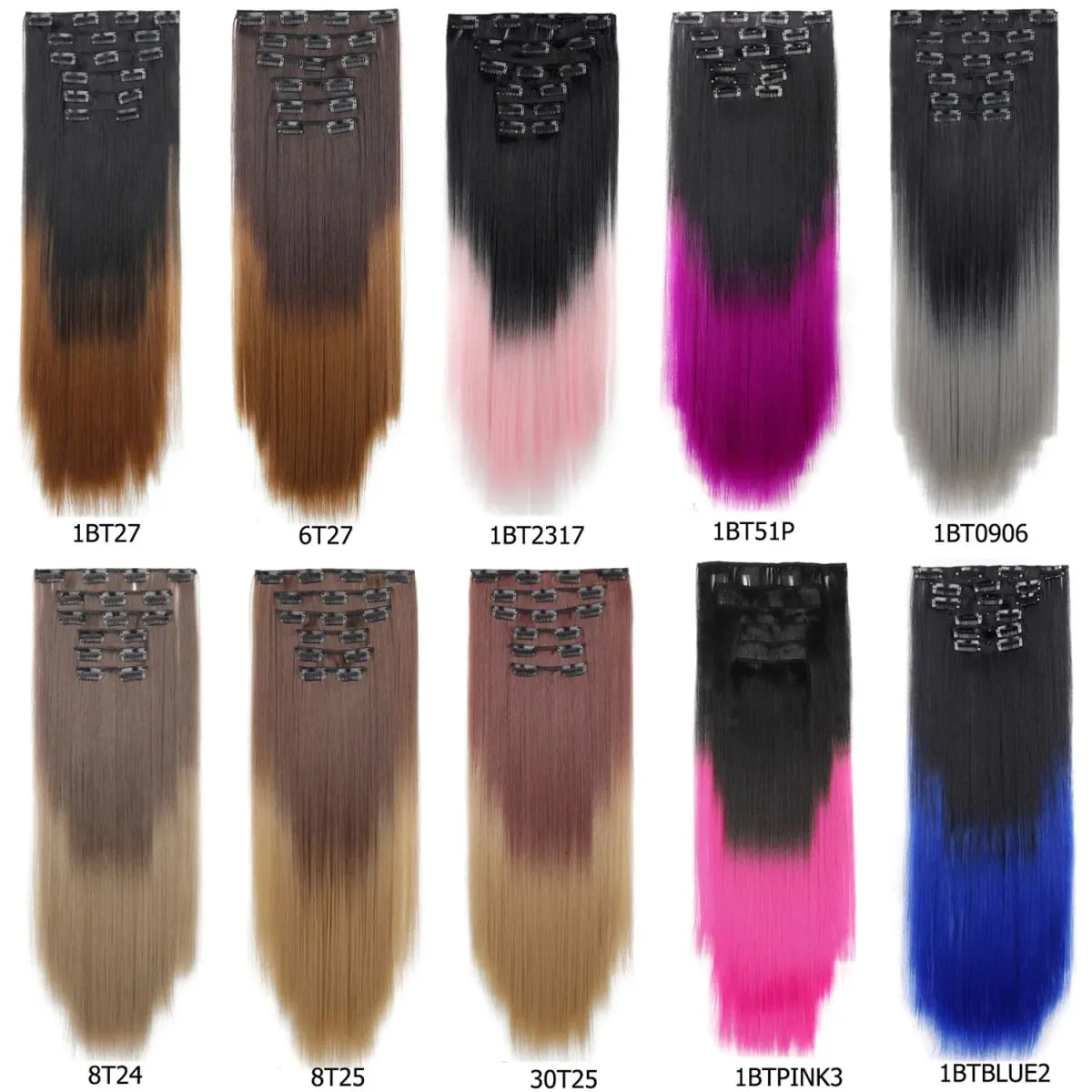 Long Straight Hair Clip in Hair Extensions 24inch 140g 6pcs/set Women Ombre Synthetic Hair Full Head soft easy to wear stylish