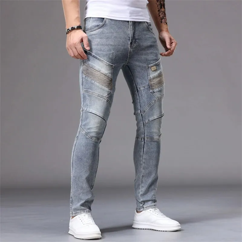 Men's Patchwork Skinny Ripped Jeans Fashion Trousers Elastic Slim Hole Biker Denim Pants Hip-hop Rock American Streetwear