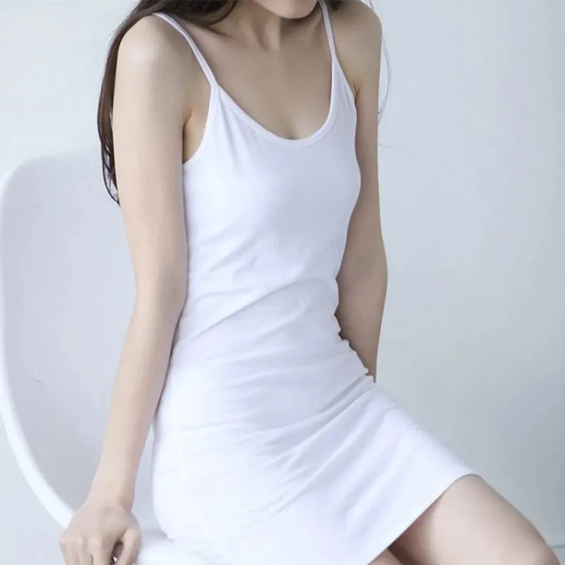 Sexy espaguete cinta camisola mini vestido feminino bodycon clube sólido algodão vestidos de festa verão novo vestido de verão cor pura платье — image 4