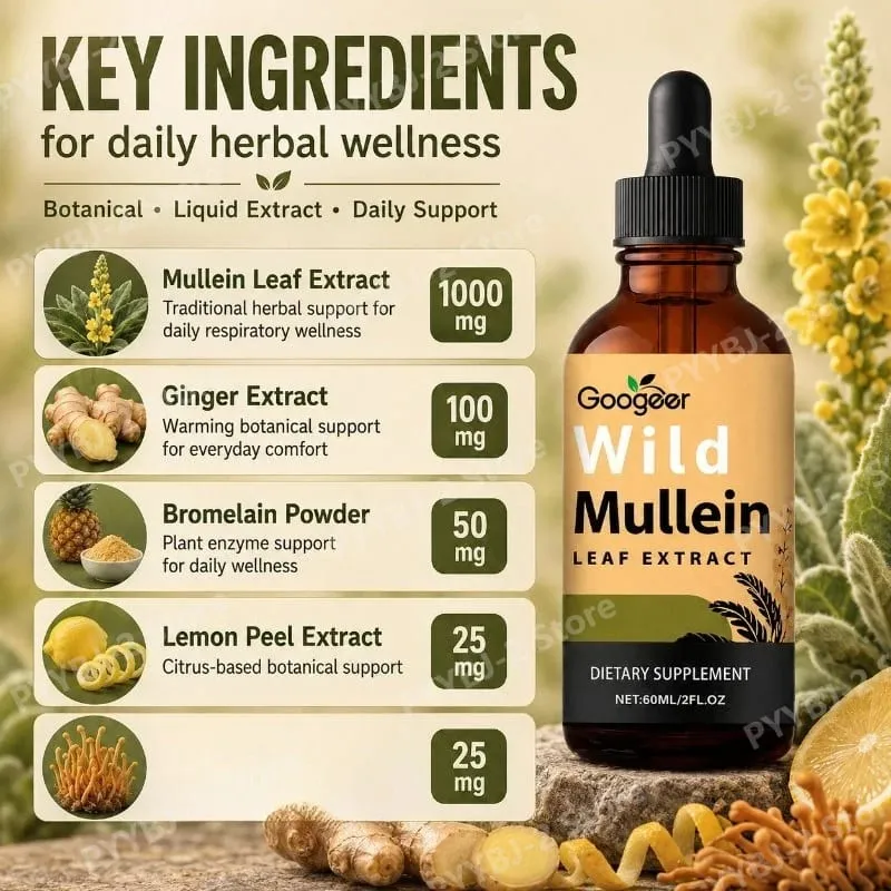 Mullein Liquid Drops 60ml na may Wild Mullein Leaf Extract at Ginger Support Lung Health & Clean Impurities Plant Supplement — image 3