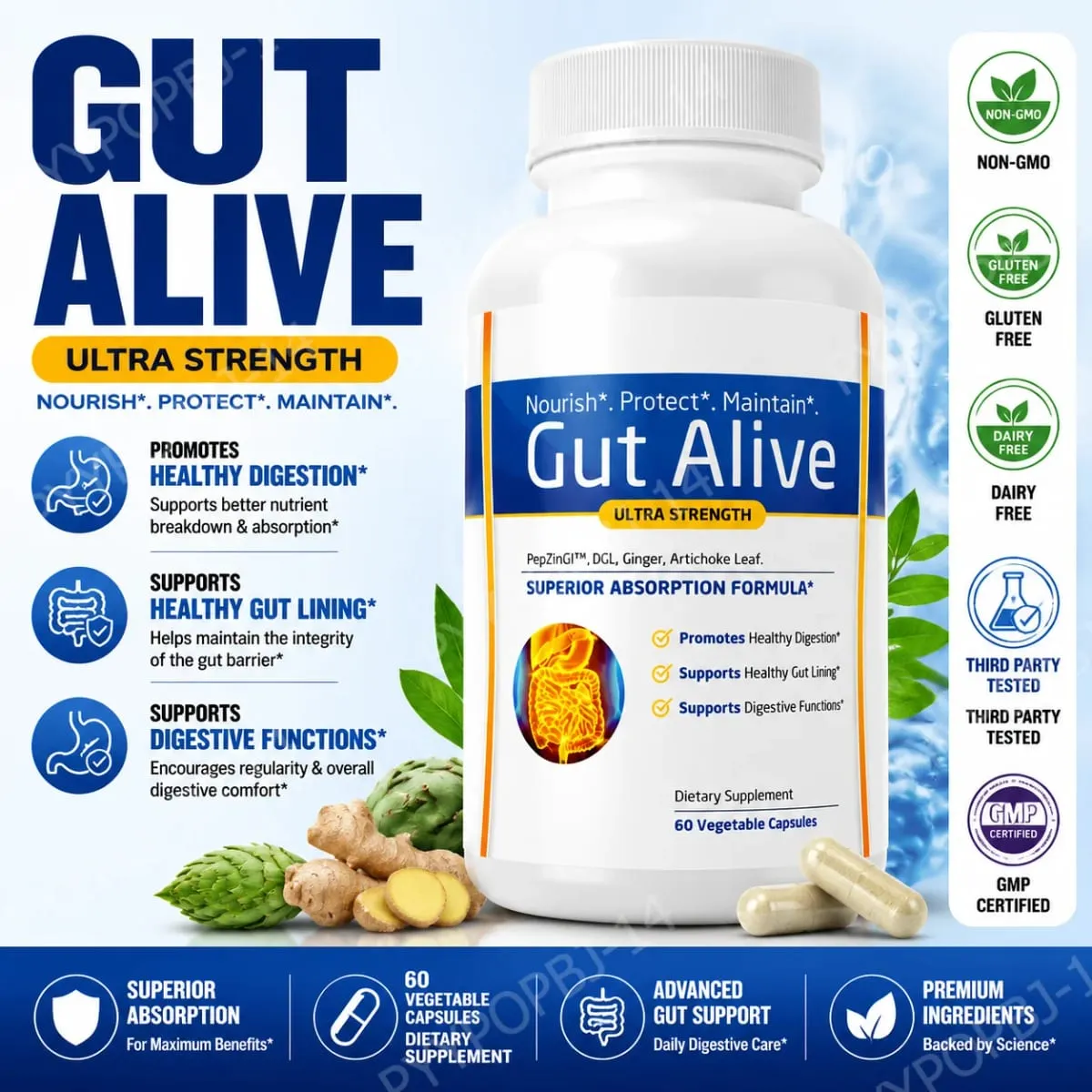 Gut Alive - All Natural Support to Fight IBS Heartburn Acid Indigestion Acid Reflux Bloating & Gas Unique Formulation 60 Count — image 1