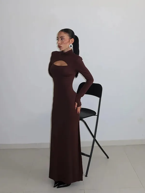 Ahagaga Sexy Sheath Women's Maxi Dresses Solid Turtleneck Regular Long Sleeves Hollow Out Slim Fit Bodycon Party Vestidos Robes — image 6