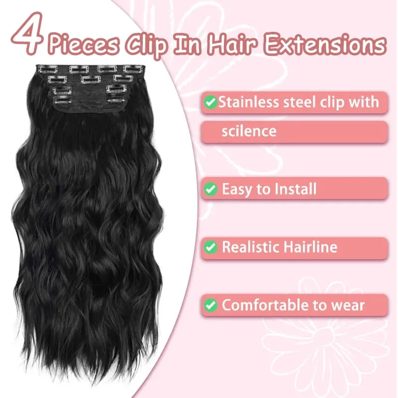 Clip in Hair Extensions 4PCS Synthetic Black Thick Hair Piece 24 Inches Long Wavy Clip in Extensions — image 2