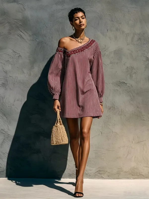 Loose Simple Dress With Stripes Fashionable Autumn Winter Street Style Long Sleeved Embroidered Shoulder Length Short Dresses — image 5