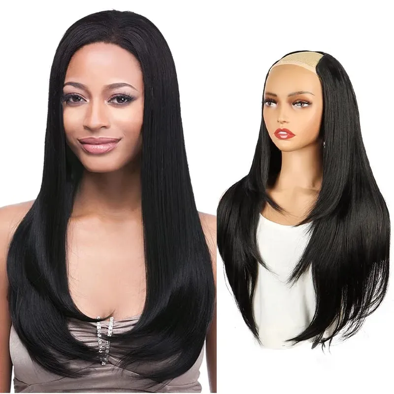 Synthetic Long Straight 22Inch Layered Clip-in Hair Extension V-shaped Black Blonde Invisible Hairpiece for Women Party Girl — image 4