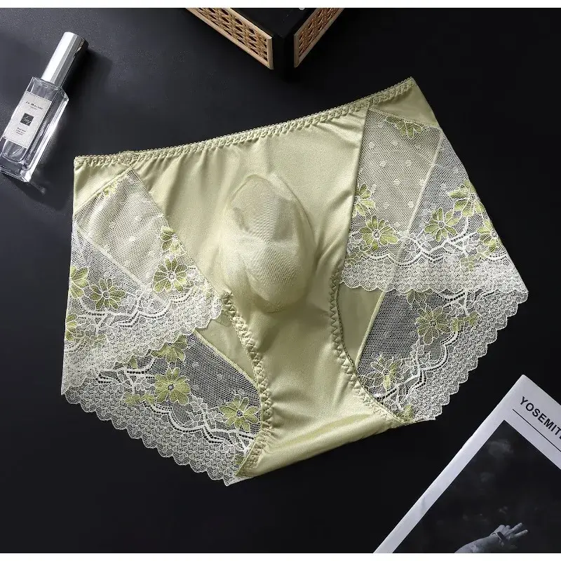 Satin Ice Silk Briefs Mens Lace 3D U Pouch Underwear Sexy Floral Man Panties Breathable Low Waist Shorts Convex Pouch Underpants