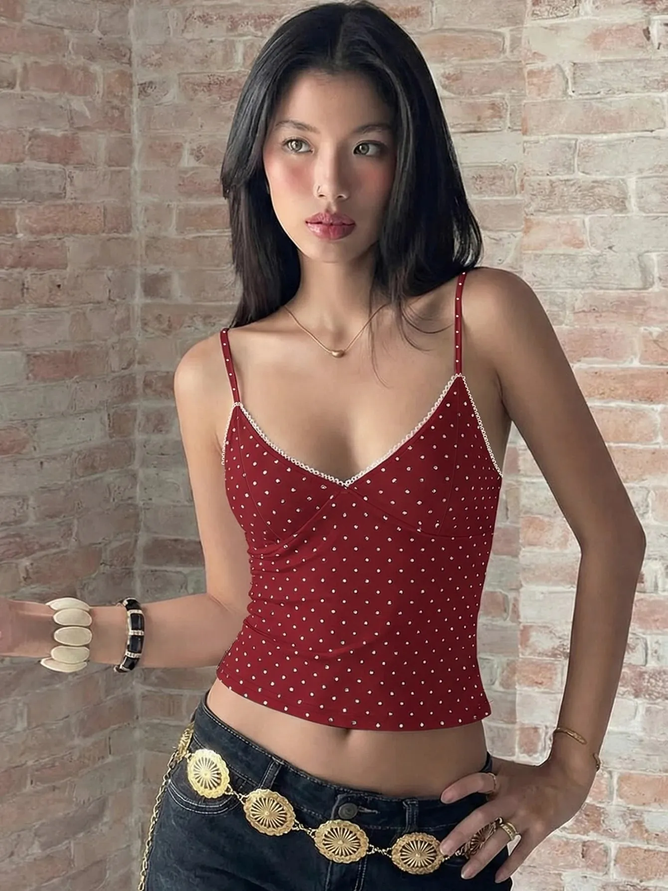 Hugcitar Polka Dot Print V Neck Slips Backless Sexy Slim Crop Camis Top Spring Summer Women Fashion Clothings Streetwear Party — image 5