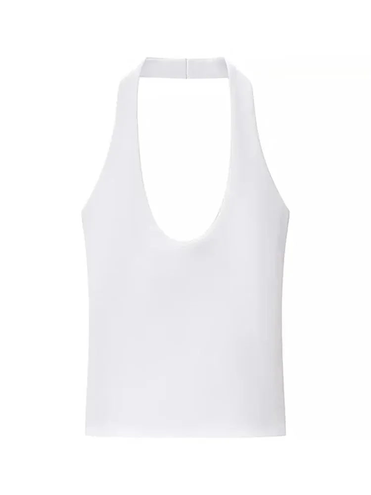 2025 Summer New Women's Solid Color Series Halter Collar Slim Backless Basic All-match Top