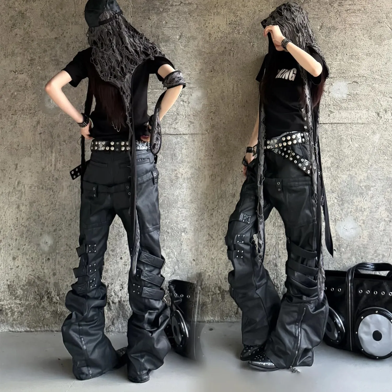 Men Women Wax Coated Skinny Stacked Jeans Double Waist Strap Buckle Patchwork Leather Gothic Punk Flared Curved Denim Pants — image 7