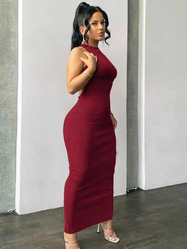 Hugcitar Ribbed Solid Hollow Out Backless Sleeveless Sexy Slit Mini Dress Bodycon 2025 Spring Women Outfits Elegant Party Y2K — image 9