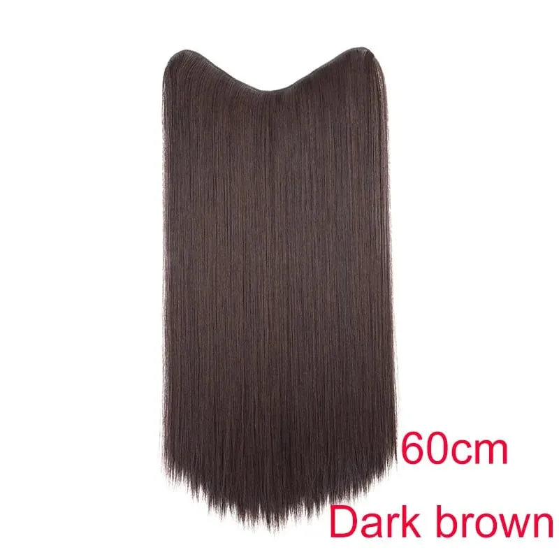 Synthetic 24Inch Long Straight One Piece Hair Extension 4 Clips V-shaped Hairstyle Black Brown Hairpiece for Women Daily Use — image 8